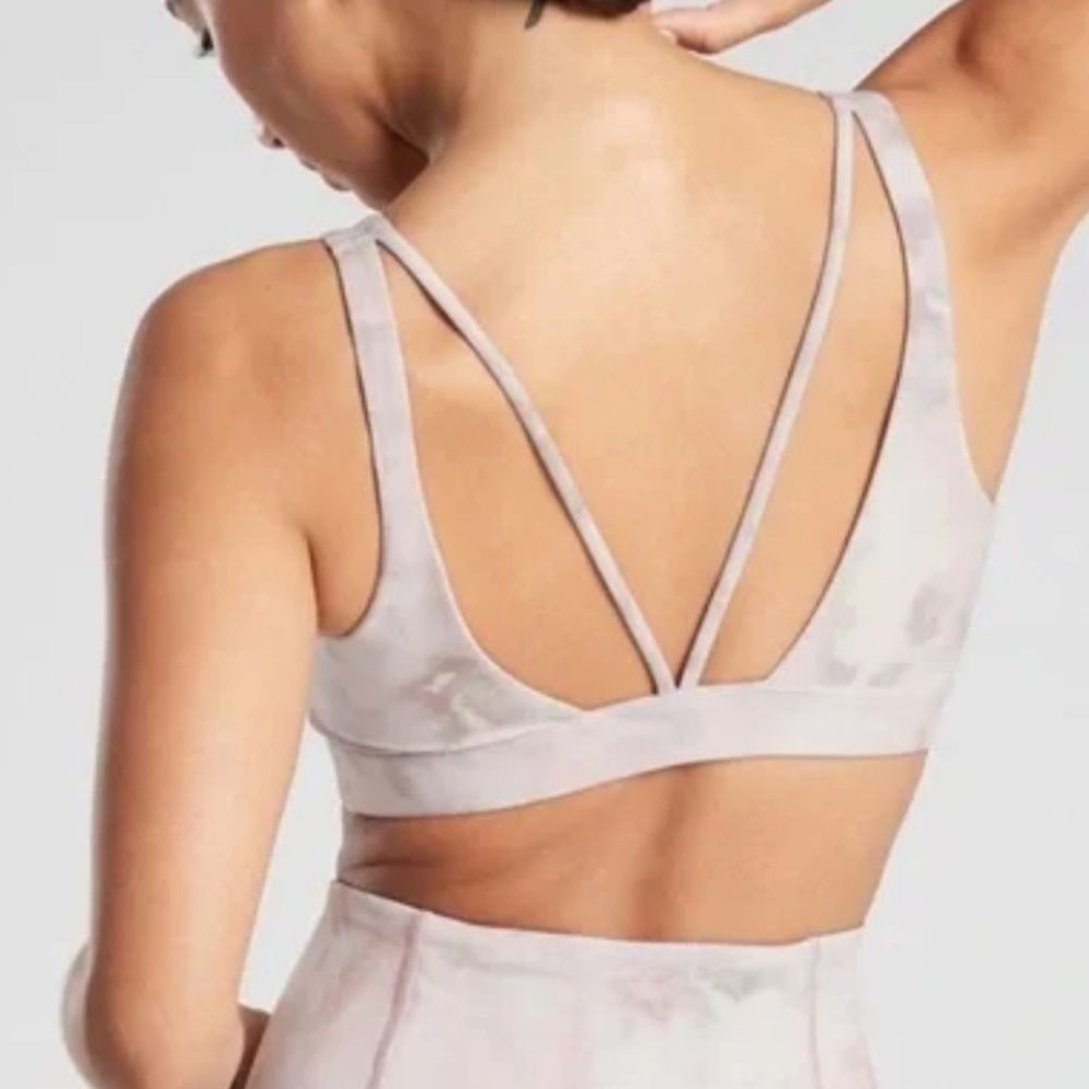 Athleta Exhale Sports Bra in Pink and Grey Watercolor Pattern
